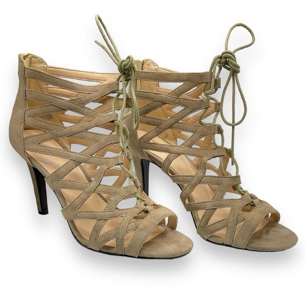 Nine West Taupe Suede Peep Toe Cutout Cage Heels Size 9.5